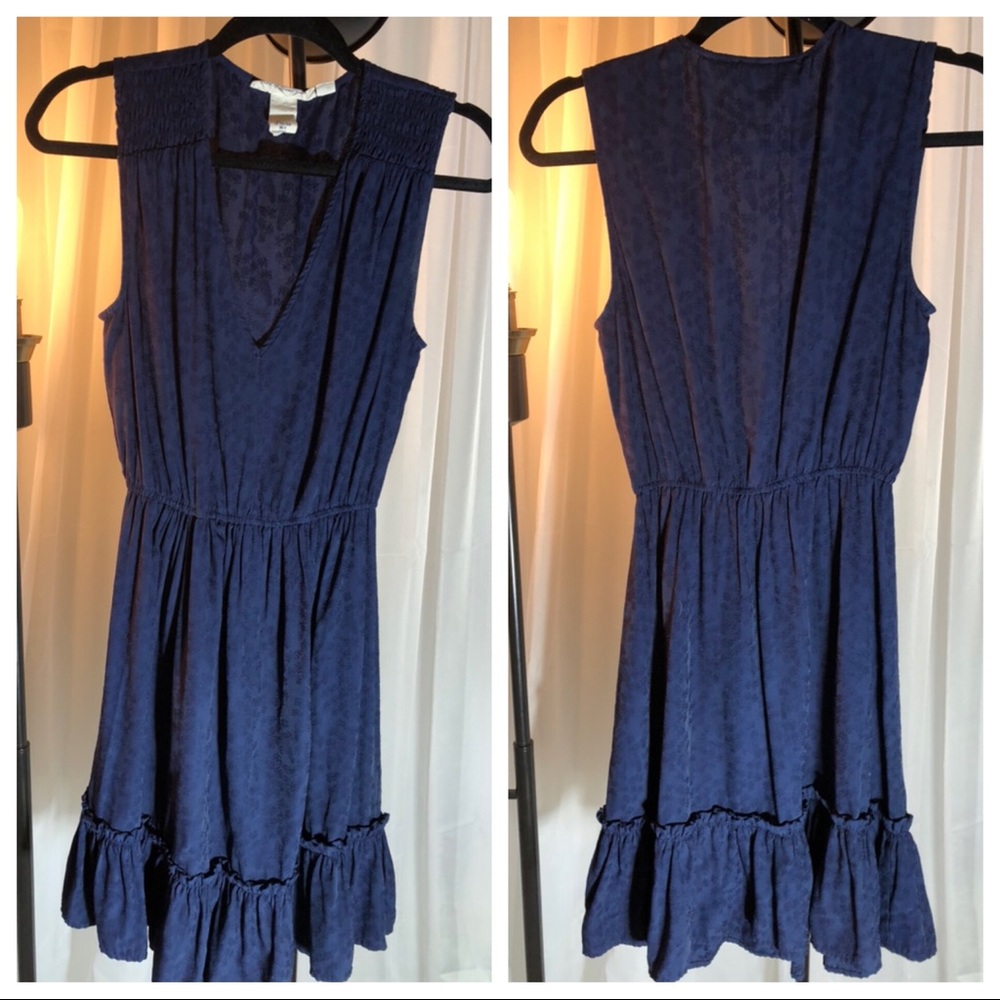 V Neck Knee Length Ruffle Hem Navy Dress